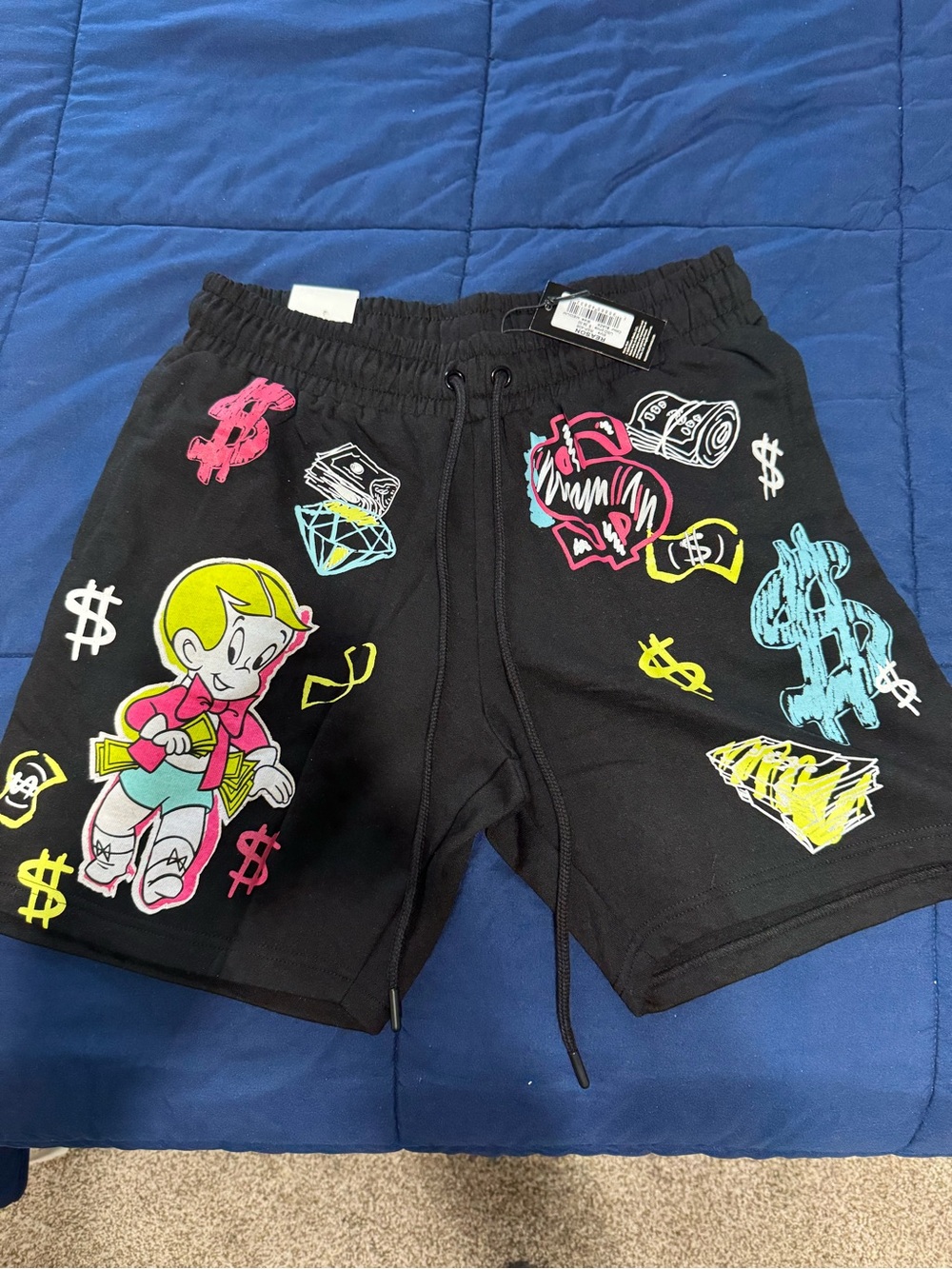 NWT Reason Black Richie Rich Graphic Drawstring Men’s Shorts with Neon Accents